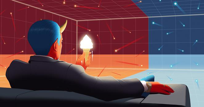 An illustration of a man with devil horns eating ice cream while looking at hot and cold gases in two compartments of a box. An illustration of a man with devil horns eating ice cream while looking at hot and cold gases in two compartments of a box.