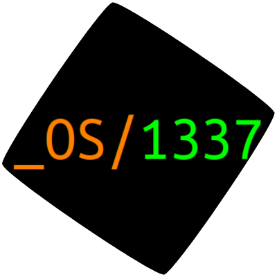 The OS/1337 logo, a 30° rotated, "pillowed-out" black square with the writing _OS/1337 , written in Amber for _OS/ and green 1337...