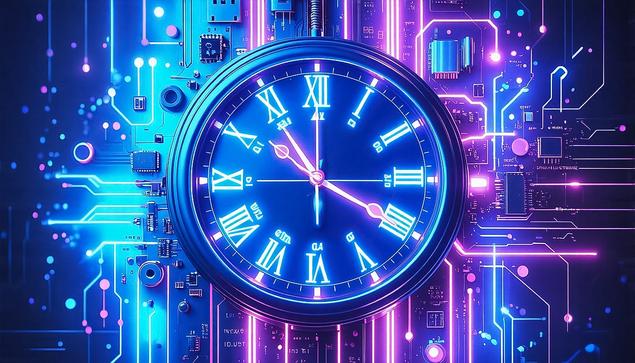 AI-generated illustration of a traditional clock face against a background of electronic components. Image intended for decorative purposes only. AI-generated illustration of a traditional clock face against a background of electronic components. Image intended for decorative purposes only.