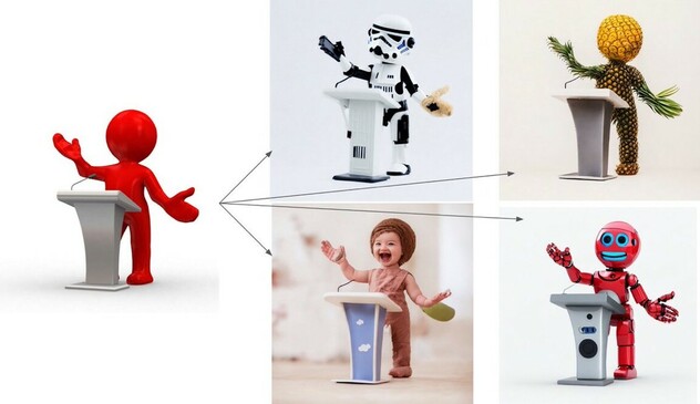 Image of a person at a podium being rendered into different people at podiums