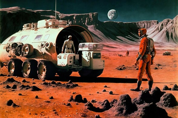 A person in a red spacesuit walks across red soil towards a six wheeled vehicle which another person is driving, the Moon is low on the horizon