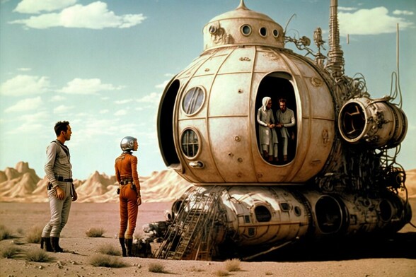 Two people talk to two other people inside a space capsule under a blue sky