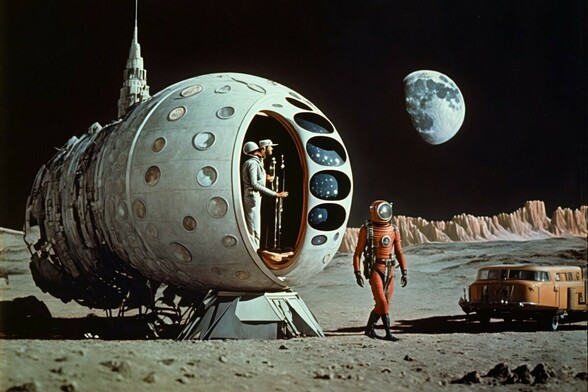 An astronaut walks away from a space capsule on the Moon except the Moon is also in the sky