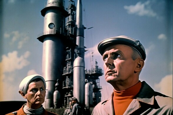 Two men wearing hats look grim while standing in front of an industrial tower