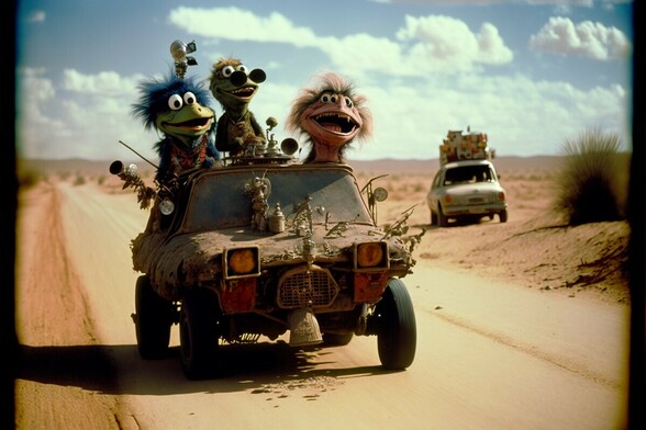 Three muppets piled into a heavily-modified sedan driving down a desert road, another sedan with cargo piled on the roof is parked to one side