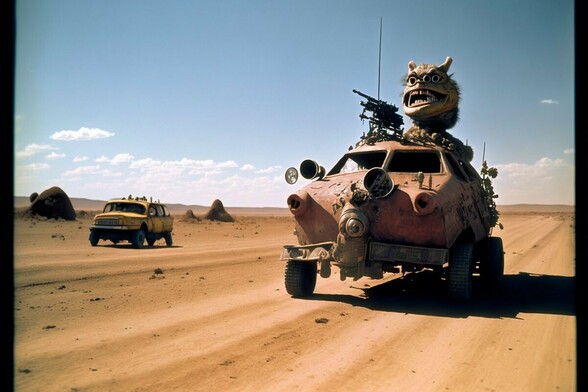 A muppet with a bighead and many teeth with a mounted machine gun on top of a custom built sedan on a desert road, another car is to one side