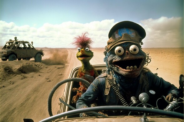A manic muppet with googly eyes and a peaked cap is driving an open-topped car down a desert road, a smaller birdlike muppet is sitting behind it, behind them another car has driving onto the road in the opposite direction