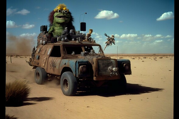 A big green muppet with yellow hair sits on top of a battered four-wheel drive driving through the desert, with several puppets mounted on the roof or hood