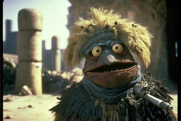 A beaked muppet with untidy yellow hair wearing clothing made out of strips of fabric, standing in desert ruins