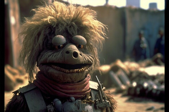 A muppet with untidy blonde hair and hooded eyes with a neckerchief, standing in a rough urban environ