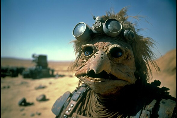 A beaked muppet with a haunted expression, wearing goggles on the top of its head and armour, in a desert
