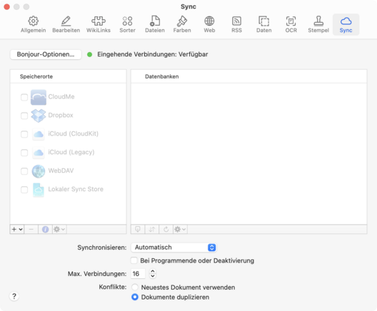 The sync settings panel in the DEVONthink desktop app.
