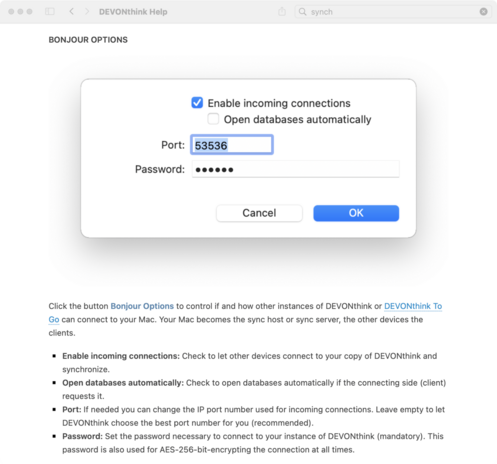 Help entry and description of DEVONthink's Bonjour sync option.