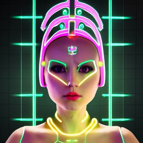 Symmetry portrait of a defcon, cyberpunk, robot girl looking at the viewer with dark eyes, with green laser beams, smooth skin, porcelain mask, cinematic lighting, depth of field, symmetric geometry, transparent background | 4K detailed, hyperrealism, lyrical, abstraction, photorealism, ZBrush, rainbow shadow depth, VRay, unreal engine, render