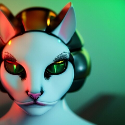 Symmetry portrait of a defcon, cyberpunk, robot, black CatGirlSalad🐈🥗 with cat ears looking at the viewer with glowing eyes, with laser beams whiskers, dark smooth skin, porcelain mask, cinematic lighting, depth of field, symmetric geometry, transparent background | 4K detailed, nude, hyperrealism, lyrical, abstraction, photorealism, ZBrush, rainbow shadow depth, VRay, unreal engine, render