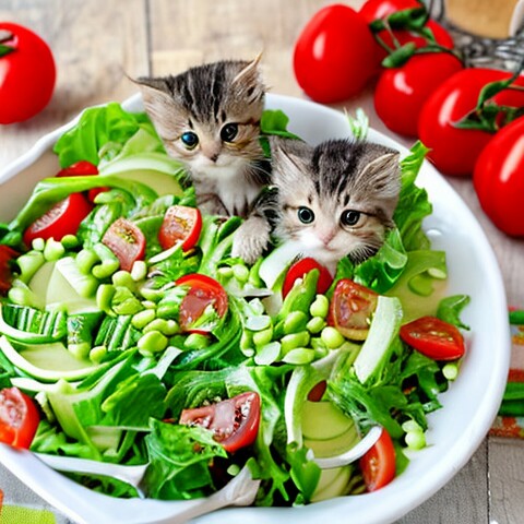 2 kittens playing in salad