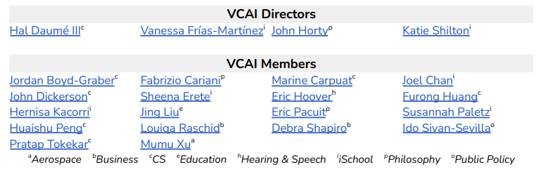 List of VCAI members from job ad.

VCAI Directors
Hal Daumé III, Vanessa Frías-Martínez, John Horty, Katie Shilton

VCAI Members
Jordan Boyd-Graber
Fabrizio Cariani
Marine Carpuat
Joel Chan
John Dickerson
Sheena Erete
Eric Hoover
Furong Huang
Hernisa Kacorri
Jing Liu
Eric Pacuit
Susannah Paletz
Huaishu Peng
Louiqa Raschid
Debra Shapiro
Ido Sivan-Sevilla
Pratap Tokekar
Mumu Xu