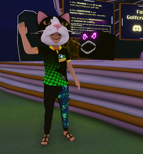An 3d avatar with cat head in Decentraland waving its hand.