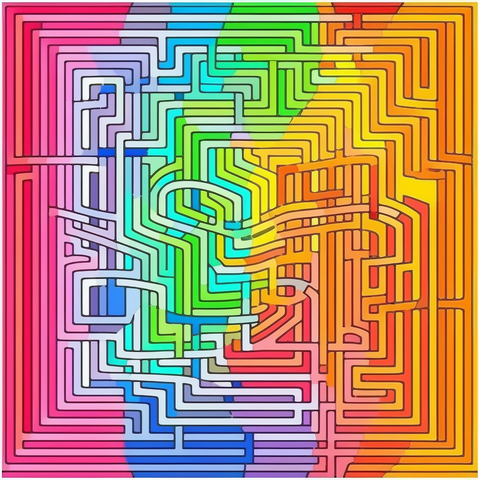 Subway map, colorful rainbow maze of twisted, intertwining lines, each line a different color, vector illustration, graphic design 