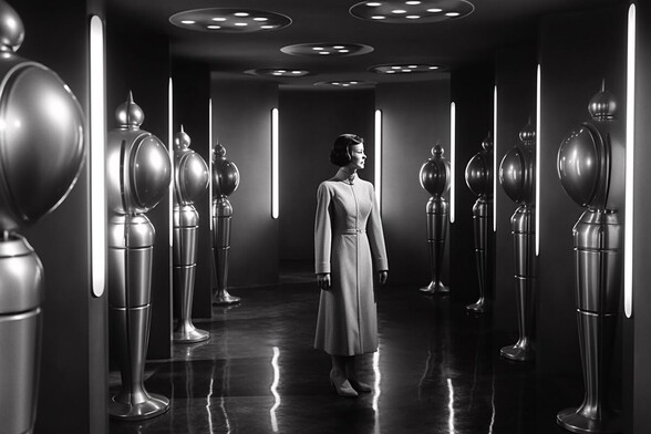 A woman wanders through a metal corridor with strange devices in niches along the wall