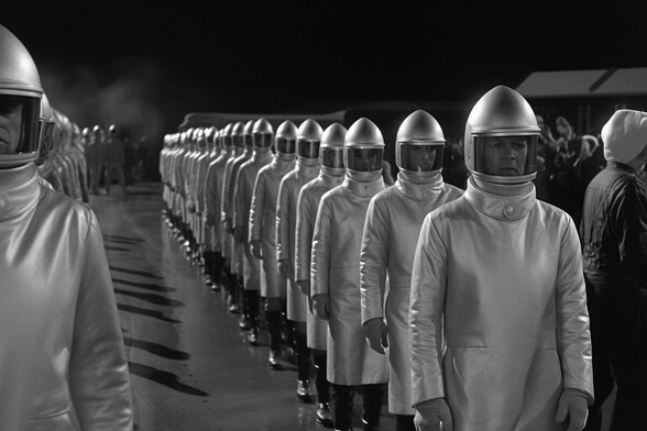 Two columns of people in silver anti-radiation suits
