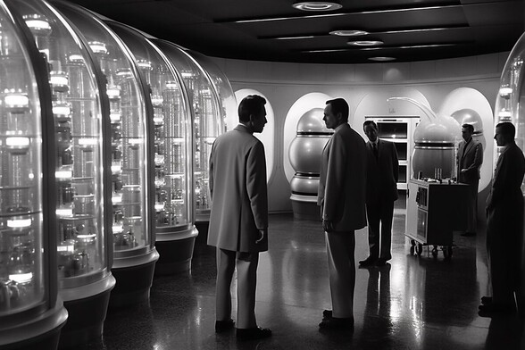 Two men confer in a room full of glass tubes with lights inside. Three other men look on