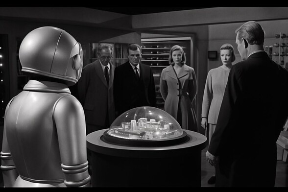 A group of people and one robot stand around a small circular table on which is a model of a city covered by a plastic dome