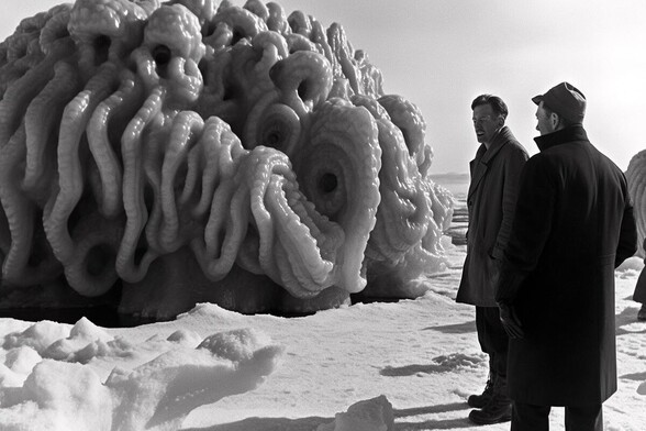 Two men stand in the snow looking at a huge gelatinous creature