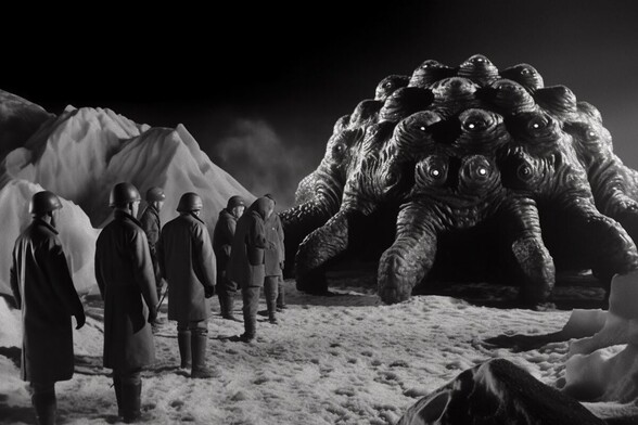 A group of (apparently unarmed) soldiers stand in the snow at night looking at a huge creative with pseudopods and too many eyes