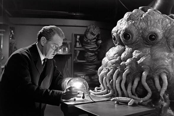 A man wearing a pince-nez peers up from his work bench at a large creature with tentacles and at least three eyes