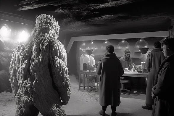 A group of people in a snowy cavern in which there is a lab setup on a long table. Most of them have their backs turned to a large unhuman figure standing behind them