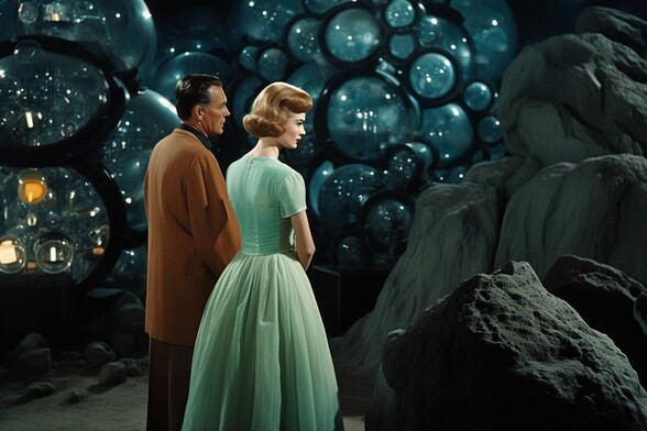 A man and a woman looking at boulders in a cavern, even though the glassy bubbles forming on the walls seem far more interesting