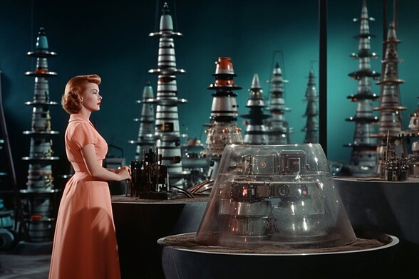 A woman stands among odd electrical equipment which resemble small towers with metal plates at different levels