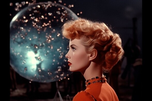 A woman’s head in profile. Behind her is a glass or metal disc or sphere covered in sparkly lights