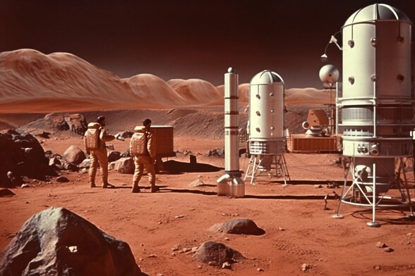 Two astronauts (without helmets) walk through a Martian base