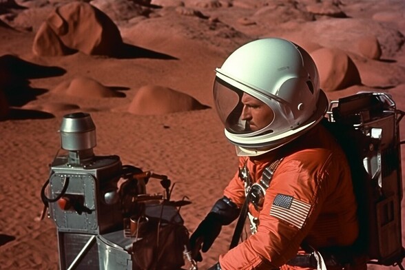 An American astronaut is operating a complicated piece of equipment on the Martian surface
