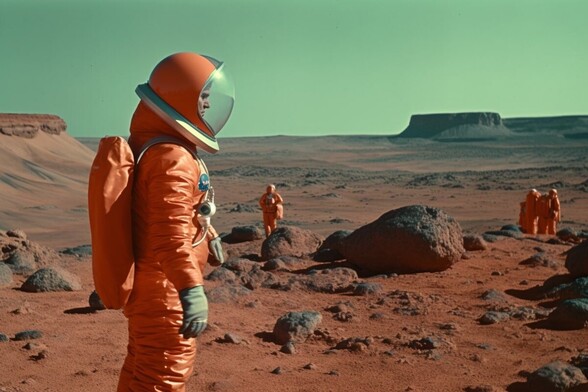 An astronaut stands on the surface of Mars (or Arizona), with several astronauts in the middle distance and plains stretching to the horizon