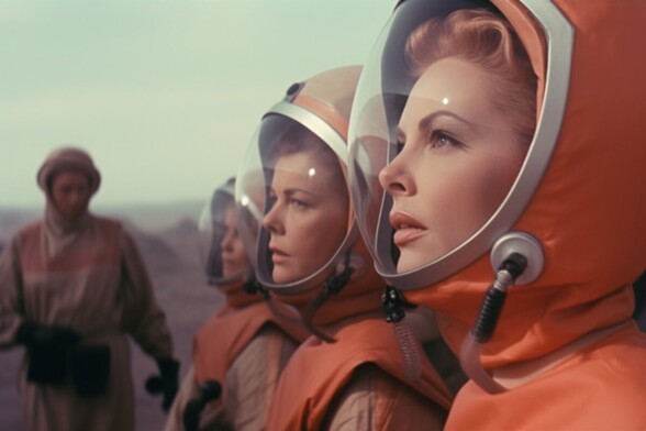 Three female astronauts look in wonder or concern at something unseen. Another person stands out of focus, possibly guarding them
