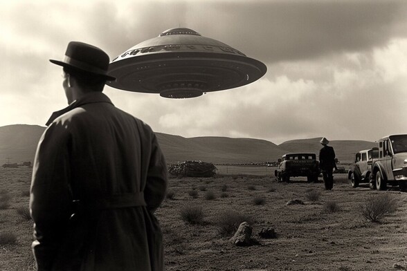 A large flying saucer hovers over an empty landscape. A man in a trenchcoat looks at something out of frame. Several vehicles are parked nearby