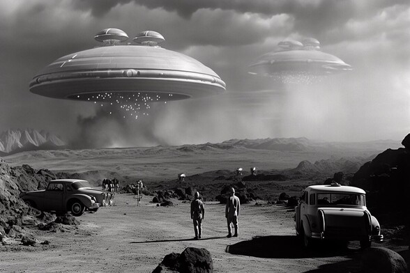 Soldiers stand on a road watching huge motherships spraying the earth with something