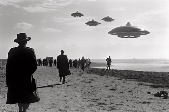 A fleet of flying saucers is watched by a crowd of people on a beach