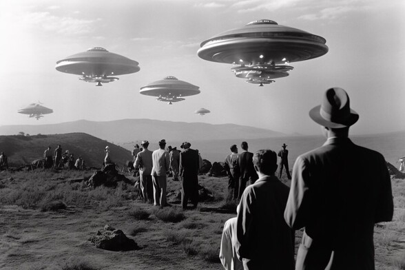 Menacing motherships warily watched by concerned citizens