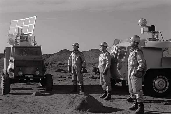 Three people in radiation suits stand at alert near trucks with radars mounted on them