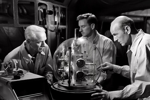 Three technicians examine a glass sphere containing mysterious equipment