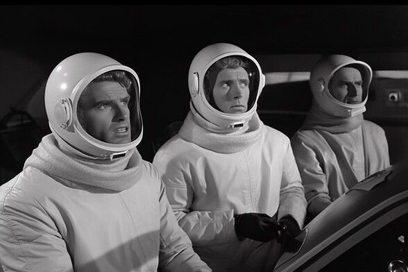 Three astronauts look up at something, one looks very concerned