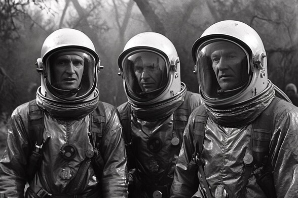 Three astronauts in a forest