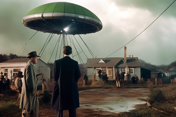Two men look at an alien saucer hovering over houses in a poor neighbourhood. Cables or wires stretch from the saucer to the houses