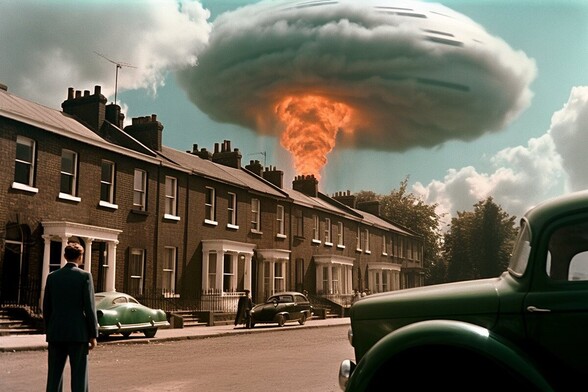 A man stands and watches a tower of flame erupt from (or behind) a row of suburban homes. The flame reaches the base of a lenticular cloud which actually appears to be a huge flying saucer