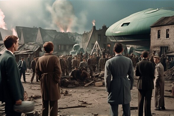A crowd of people stand around and look at the wreckage of houses and a crashed flying disc