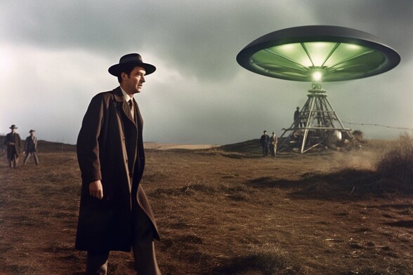 A man in long brown coat and a hat strides past a strange mushroom-shaped device in the background. It is glowing green; people are working on the open framework supporting it